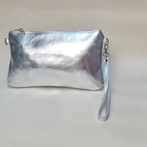 Bolso de mano plateado de cuero auténtico hecho a mano, bolso de noche plateado metalizado, bolso de mano plateado para boda, bolso de mano plateado para fiesta, regalo para dama de honor.