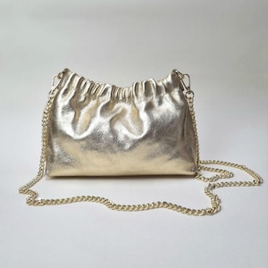 Italian Leather Metallic Gold Clutch Bag: Evening Wedding Crossbody