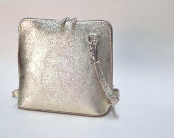 Bolso bandolera de piel metalizada dorada: bolso de noche de piel auténtica italiana