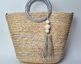 Bolso de paja hecho a mano: bolso de playa bohemio con correa desmontable