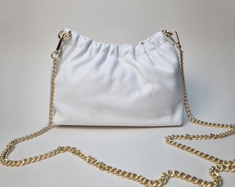 Genuine Italian Leather White Clutch Bag: Evening Wedding Crossbody bag with Gold chain strap