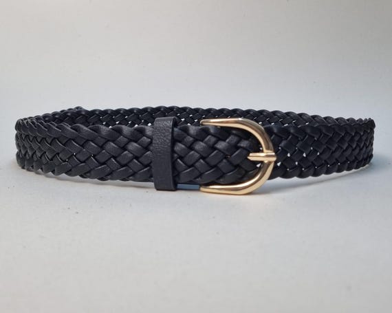 Black Woven Vegan Leather Belt: Gold Buckle, Adjustable Boho  display picture 3