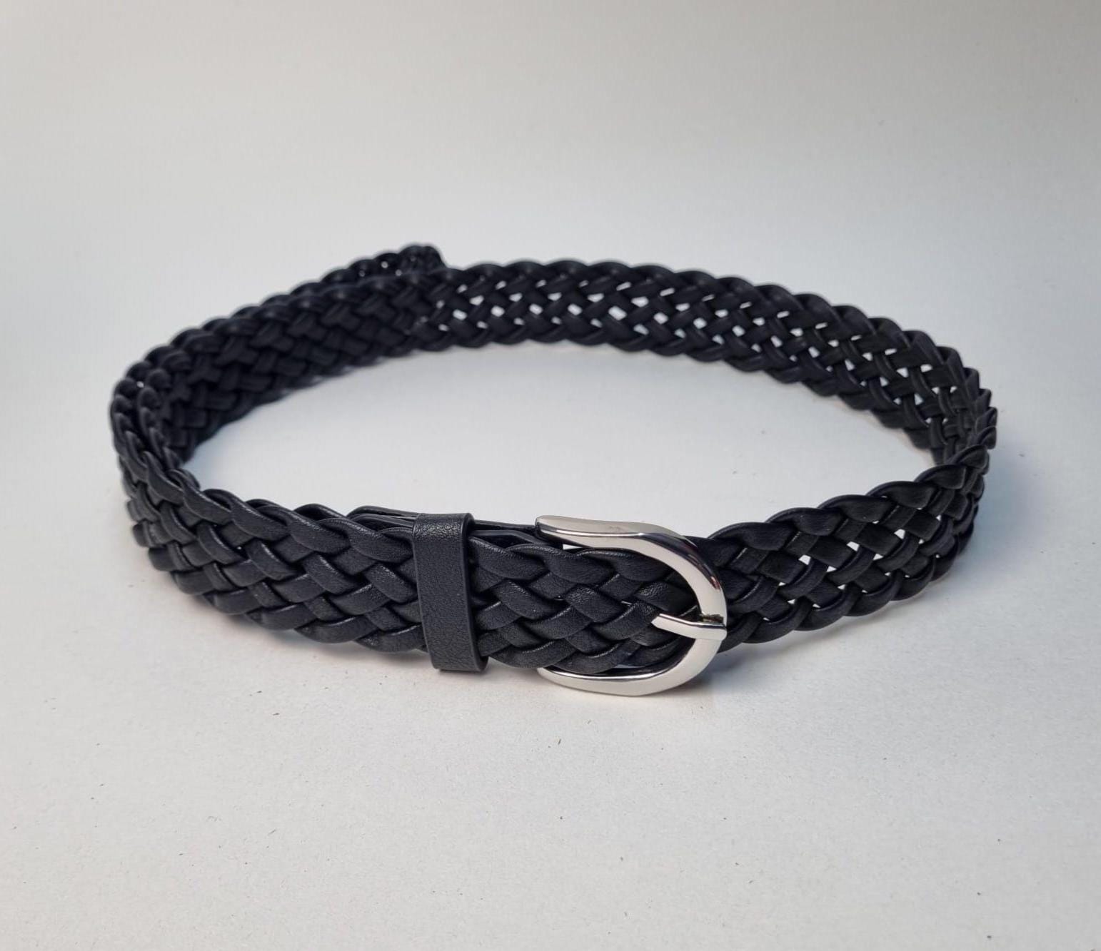 Black Woven Vegan Leather Belt: Adjustable Silver Buckle  display picture 1