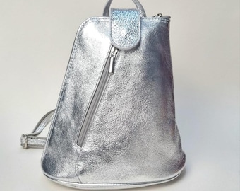 Silver Metallic Leather Backpack Purse: Handmade Bag From  display picture 1