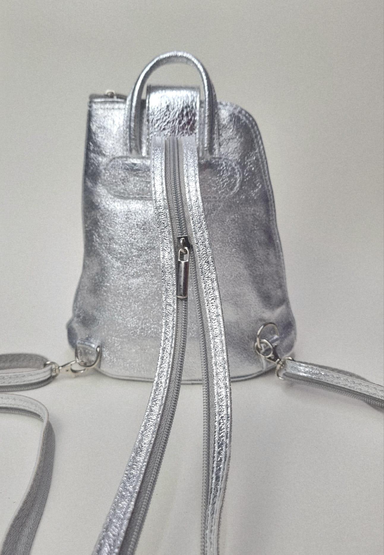Metallic Silver Leather Mini Backpack: Handmade Small Travel Purse 
