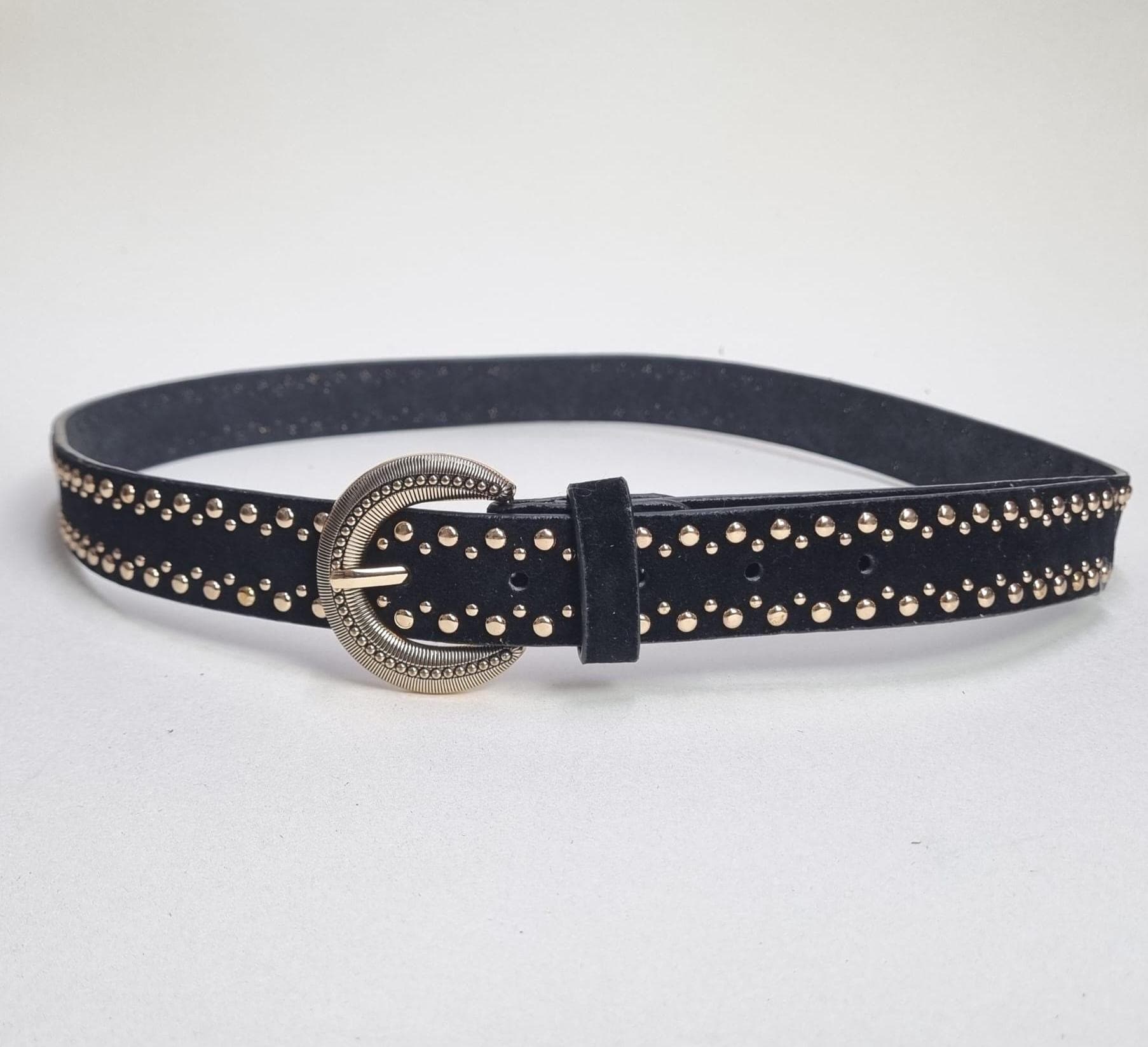 Handmade Black Suede Leather Belt With Gold Hardware 