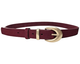 Burgundy Suede Leather Belt Women's Boho Adjustable Gold Buckle