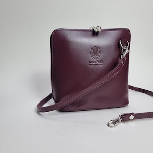 May include: A burgundy leather crossbody bag with a silver zip and hardware. The bag has a long, adjustable strap and a small logo on the front. The bag is approximately 20 cm tall and 18 cm wide.