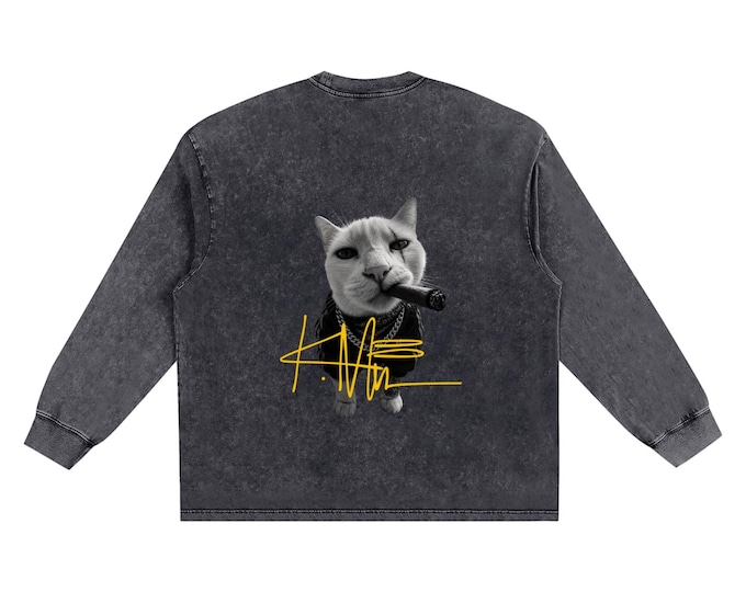 KIING MODE "Smoking Cat" Snow Washed Frayed Edge T-Shirt