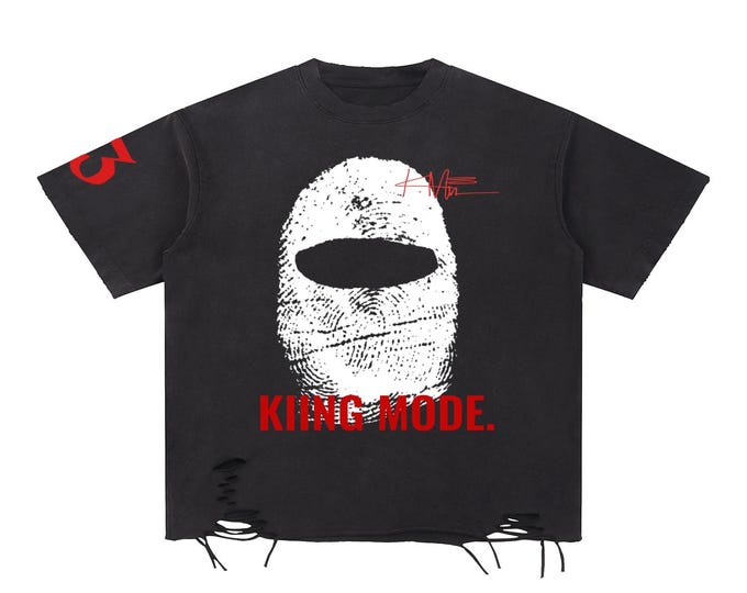 KIING MODE "Ski Mask Print" Snow Washed Raw-Hem T-Shirt