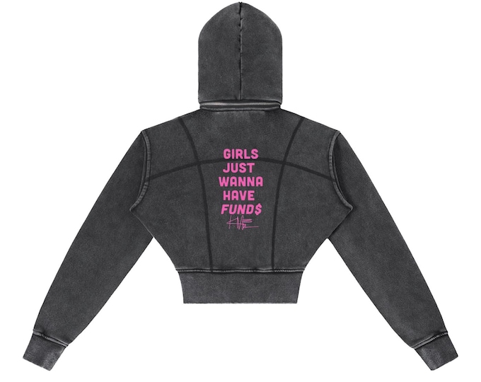 KIING MODE "Girls Just Wanna" Vintage Washed Cropped Fleece Hoodie