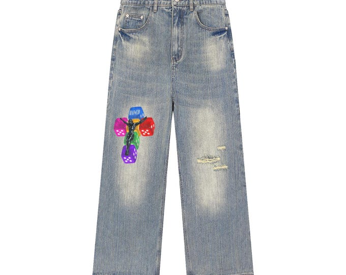 KIING MODE " Dice Cross" Vintage Wash Distressed Denim Jeans