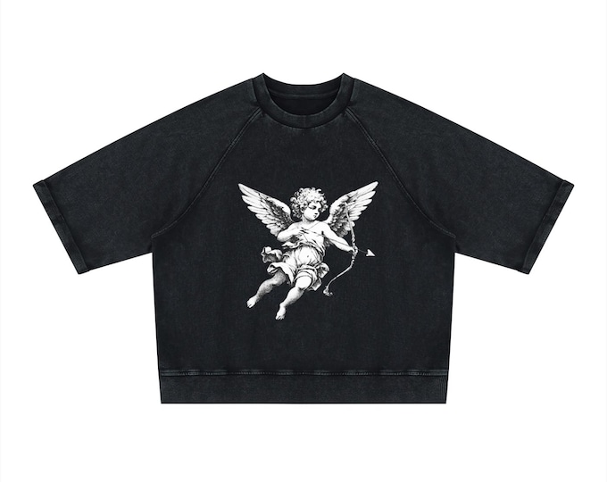 KIING MODE Unisex "Angel" Vintage Wash Thick Boxy Short Sleeve Sweatshirt