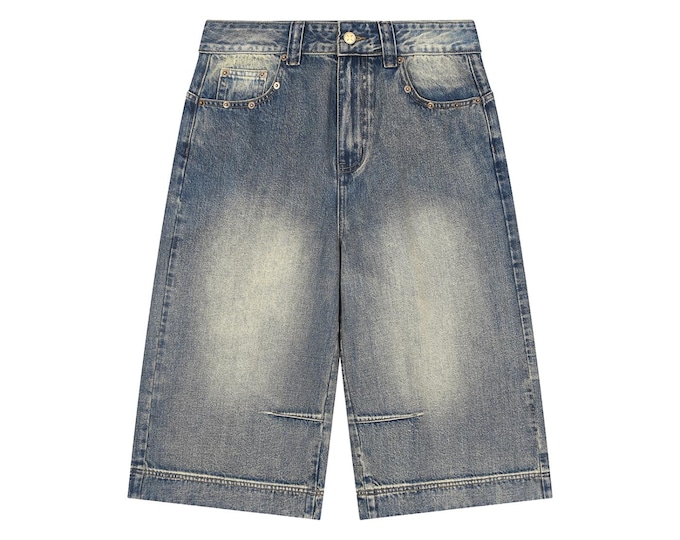 KIING MODE "KM" Vintage Wash Baggy Denim Shorts