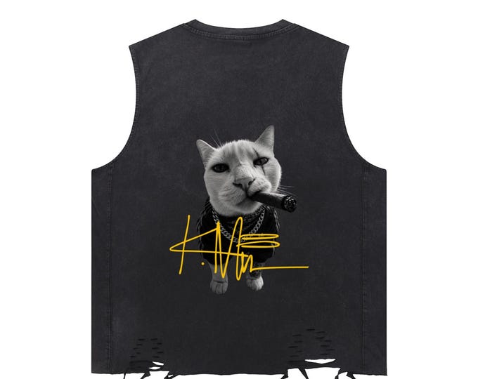 KIING MODE "Smoking Cat" Snow Washed Raw-Hem Tank Top