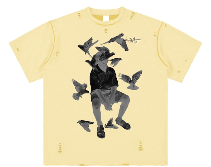 KIING MODE "Bird Boy" Yellow Hand-frayed REVERSIBLE T-shirt