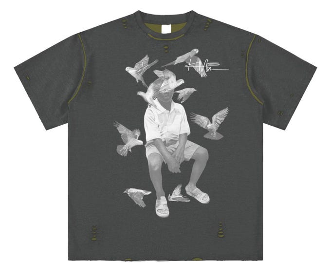 KIING MODE "Bird Boy" Hand-frayed REVERSIBLE T-shirt