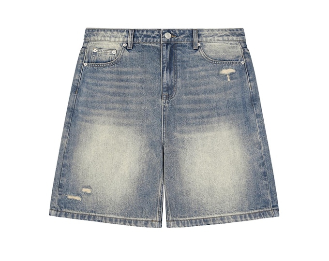 KIING MODE "KM" Faded Distressed Baggy Denim Shorts