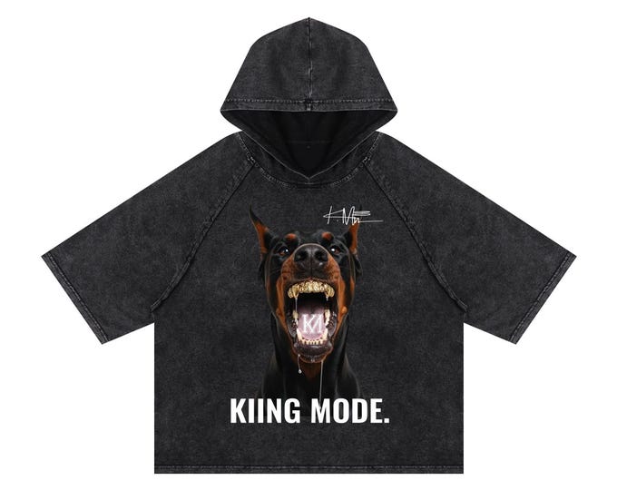 KIING MODE "Angry Dog"  Snow Washed Hooded Boxy T-Shirt