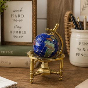 Vintage Brass Globe Desk Decor Miniature Blue Stone World Globe Office Accent