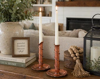 Gregorian Copper Candlesticks Pair, Hammered Copper Candle Holders, Vintage MCM Decor