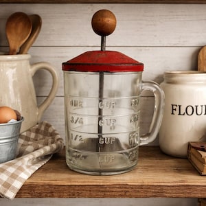 Farmhouse Kitchen Decor Vintage Hazel Atlas Nut Chopper: Red Lid, Wood Knob - Retro