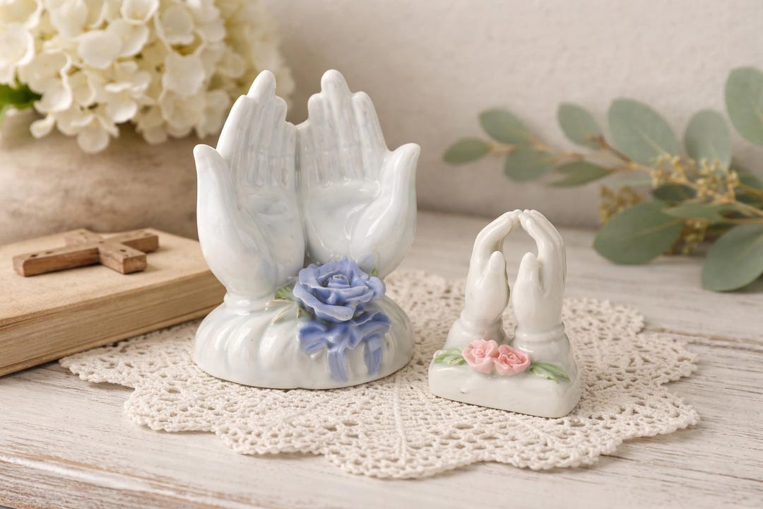 Relign Handpiece Vintage Porcelain Praying Hands Figurines Set Religious Decor ...