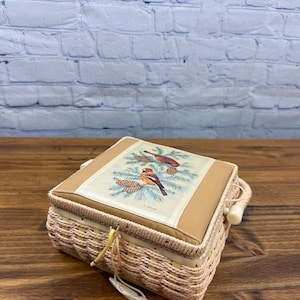 Vintage 9x9 Wicker Sewing Basket with Birds and Pinecones, Square Handled Sewing Notions Storage, Rustic Craft Organizer