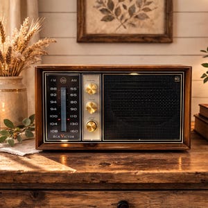 May include: A vintage RCA Victor radio with a dark wood frame and gold knobs sits on a wooden table. The radio has a black speaker grill and a frequency dial. The text "RCA VICTOR" is visible.