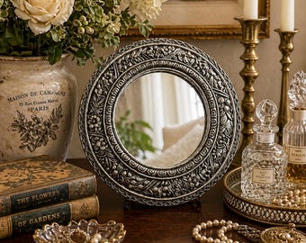 Vintage Ornate Table Mirror, Round Vanity Mirror, Silver Tone Baroque Decor, Heavy Vanity Mirror, Hollywood Regency Style