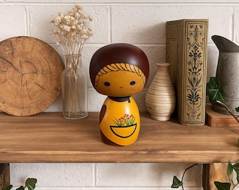 Vintage Home Decor Kokeshi Doll: Hand-Painted Wooden Girl with Flowers