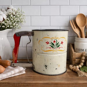 Vintage Farmhouse Kitchen Decor Cream Enamel Flour Sifter Red Floral Motif 1940s