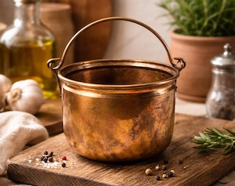Vintage Copper Pot with Handle Rustic Farmhouse Kitchen Decor Primitive Cooking Vessel