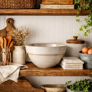 Vintage Stoneware Mixing Bowl 10 Inch Farmhouse Kitchen Bowl Rustic Pottery Dough Bowl