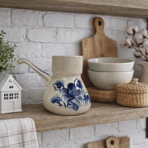 Vintage Kitchen Decor Ceramic Turkish Coffee Pot, Blue Floral Design, Handmade Coffee Warmer