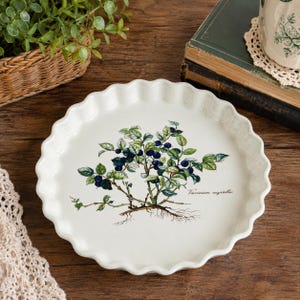 May include: A round white ceramic tart dish with a scalloped edge, featuring a botanical illustration of a blueberry plant with dark blue berries, green leaves, and brown roots, accompanied by the scientific text Vaccinium myrtillus.