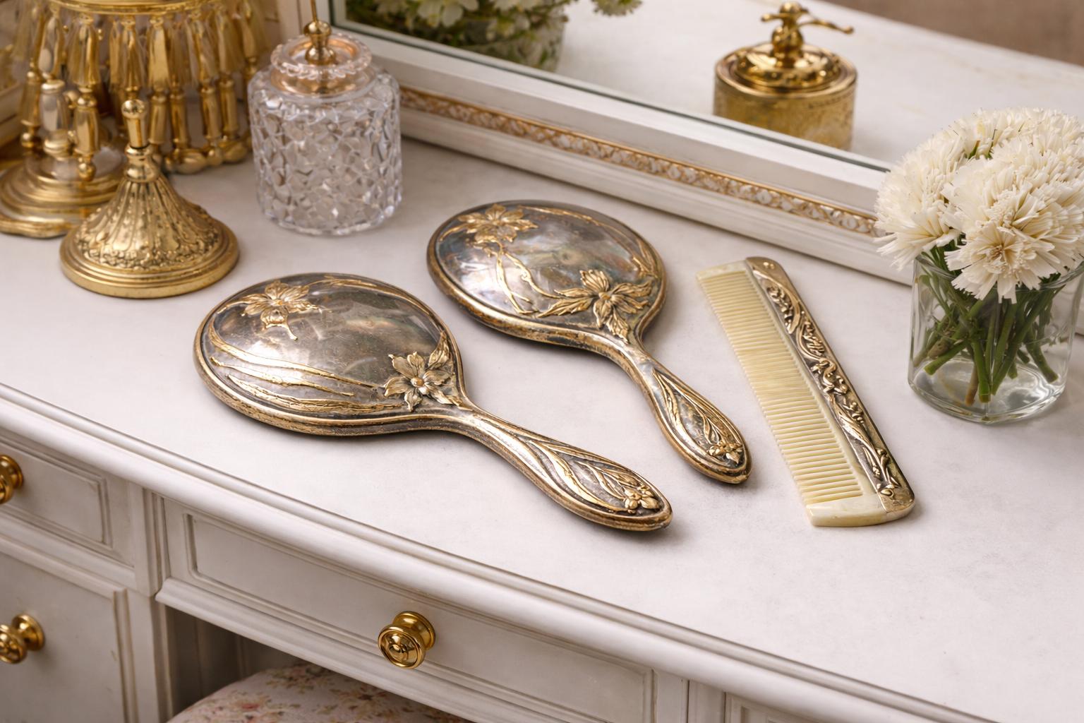 Elegant Antique Silver Hair Brush and Mirror Set Antique Sterling Silver Vanity Hand Mirror and Hair Brush  main image 4