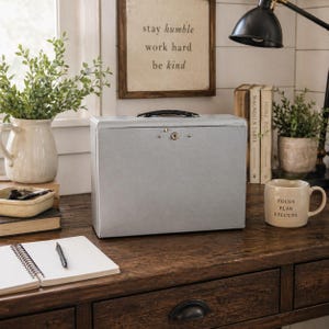 Vintage Locking Storage Box Gray Hard Shell Case With Key Portable Lock Box Organizer