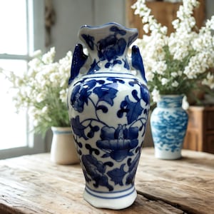 Porcelain Chinoiserie Vase: Blue & White Floral Asian Decor