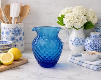 Vintage Blue Handblown Glass Pitcher: Art Glass Jug with Clear Handle