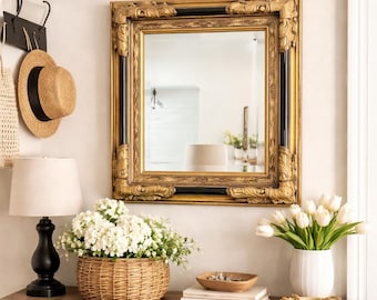 Vintage Gold Wood Framed Wall Mirror 23x19 Ornate Accent Mirror Hollywood Regency Decor