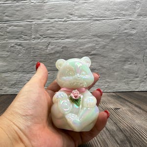 Vintage Fenton Iridescent Teddy Bear Figurine: Mother of Pearl Pink Rose