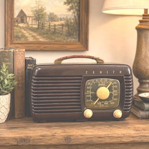May include: A dark brown Zenith tabletop radio featuring a horizontal slatted speaker grille, a top carrying handle, and a central tuning dial with a yellow pointer. The radio face displays frequency numbers and the Zenith brand name in white text.