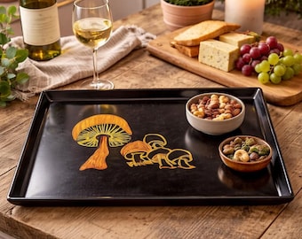 Vintage Couroc Tray Mushroom Inlay Black Serving Tray Mid Century Decor