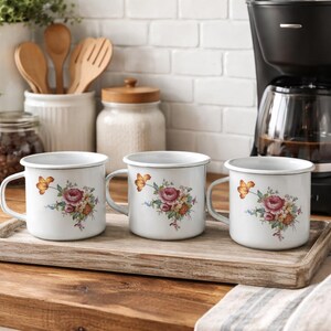 Vintage Robert Steffy Enamel Mugs: 1988 Louise Floral Design, Set of 3