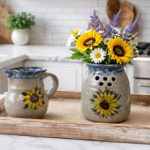 Farmhouse Decor Handcrafted Jepson Studio Pottery Small Pitcher and Bud Vase – Sunflower Design, Cottagecore