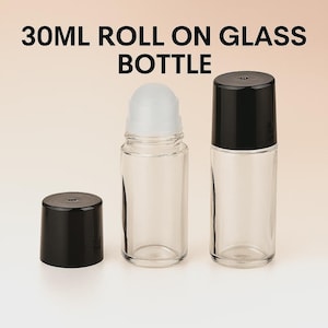 May include: Clear 30ml roll-on glass bottles with black caps and white roll-on applicators. The bottles are cylindrical and empty, with the text "30ML ROLL ON GLASS BOTTLE" at the top.