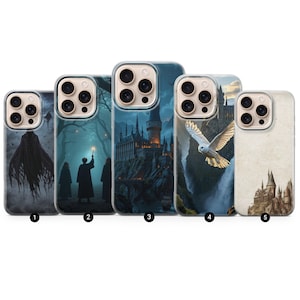 May include: Five phone cases with fantasy-themed designs. The cases feature illustrations of a dark figure, a wizard with a wand, a castle, an owl, and a castle illustration. The cases are in various shades of blue, gray, and brown.