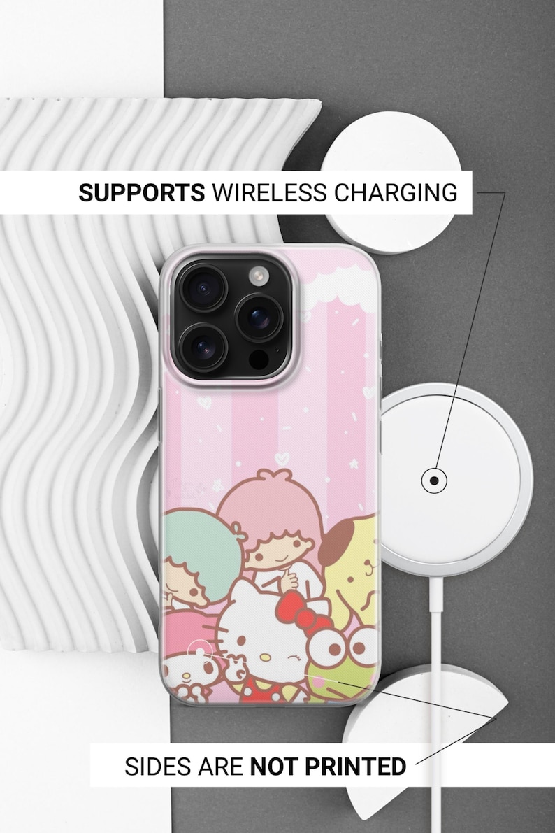 Puede incluir: Funda transparente para tel&eacute;fono con un dise&ntilde;o de rayas rosas y personajes de dibujos animados. La funda admite carga inal&aacute;mbrica. El texto dice "SUPPORTS WIRELESS CHARGING" y "SIDES ARE NOT PRINTED".