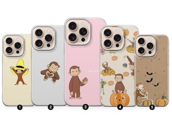 Funda para móvil de Jorge el Curioso con diseño de mono otoñal para iPhone 17 Pro Max, 16e, 15, 14, 13 y Samsung S25 Ultra, S24 FE, A56, A16, Pixel 10 XL, 9a, 8, 7